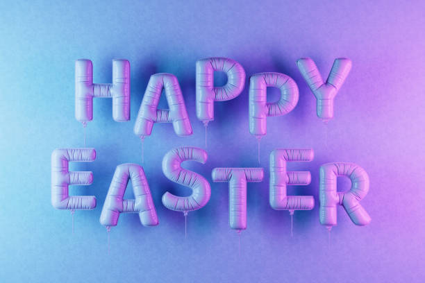Happy Easter Balloons on Purple Background. 3d render. Digitally generated image.