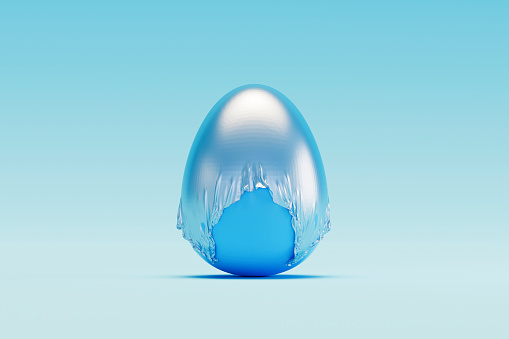 Easter egg covered with fabric on blue background, Happy Easter Background. Digitally generated image. 3d render.