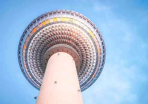 An unusual view of Berlin's iconic TV Tower from near the base of the structure.