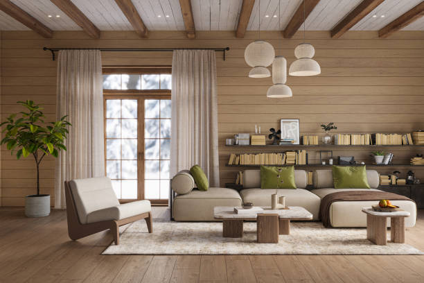 istock Cozy home interior with beige wood walls. Wall mockup, 3d rendering 1904126327