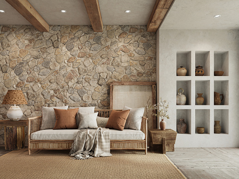 Warm wabi sabi style interior with stone wall and cozy wood furniture. Ethnic home decor, Wall mockup, 3d rendering