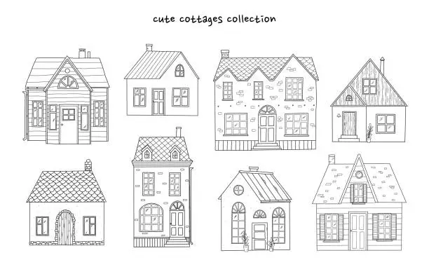 Vector illustration of Cute cottages collection of cartoon monochroem houses