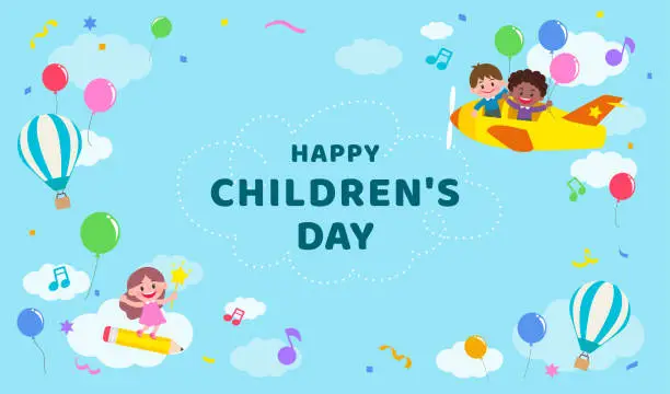 Vector illustration of Happy Children's Day greeting card vector illustration. Child ride plane in the sky background