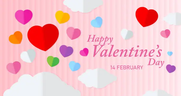 Vector illustration of Happy Valentine's Day Celebration on Origami Paper Heart and Paper Cloud Style