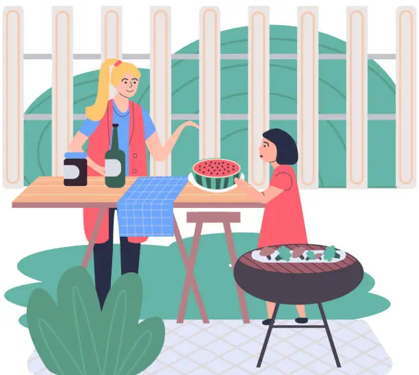 Vector illustration of Mother making meal together with daughter. Family cooking vegetarian food, vegan dish in kitchen