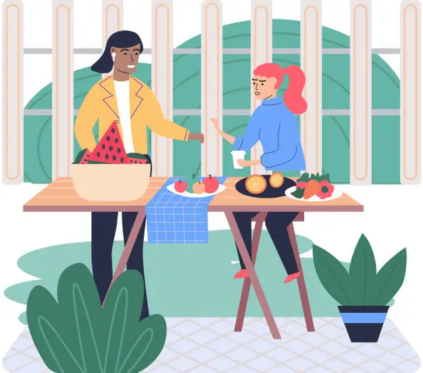 Vector illustration of Women making vegan meal with fruit and vegetables. Female friends preparing vegetarian food