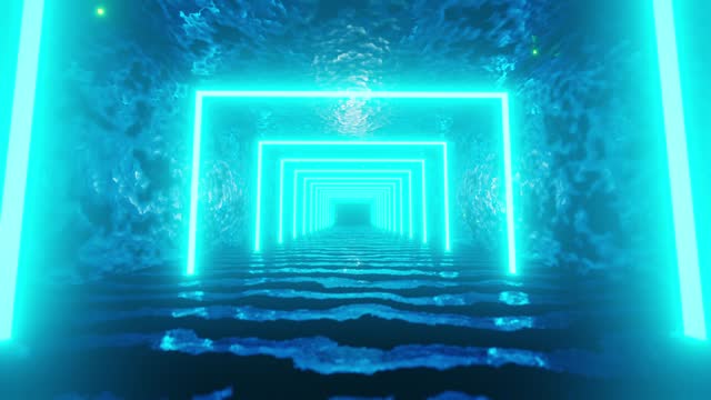 Tunnel with bright blue squares and light at the end of it. Loop animation