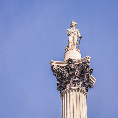 The famous statue of Admiral Nelson, in Trafalgar Square in central London.