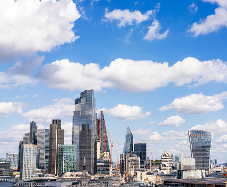 A view of the modern towers and skyscrapers located in the City of London, the capital's prime financial district.