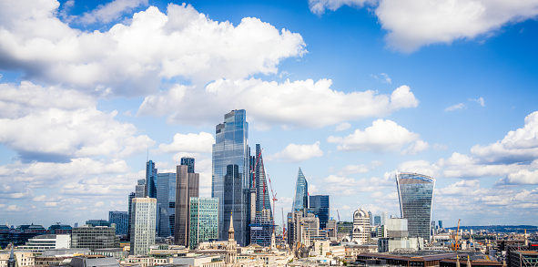 A panoramic view across central London to the towers of the city's financial district.