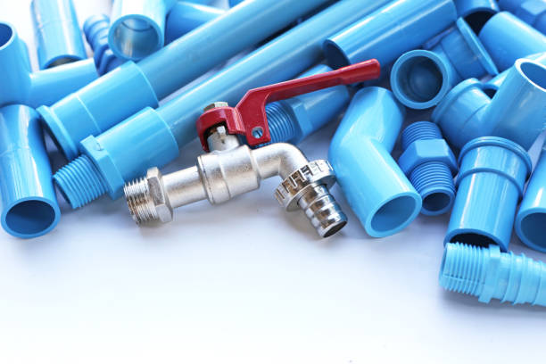 istock Blue pvc pipe connections for plumbing work. Plumber equipment 1904172653