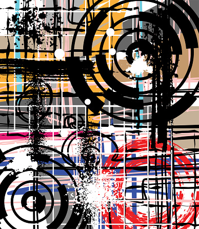Technology concept abstract art style with geometric circle and grid lines, freestyle shapes, grunge graffiti crumbs, ink smudges and sketchy lines