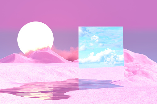 Door on surreal landscape environment. Metaverse concept.  Digitally generated image. 3d render.