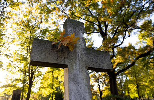 Devastated Shattered Stone Concrete Crucifix in Act of Religious Hatred and Persecution Left on Ground Amoung Withered Autumn Foliage Leaves