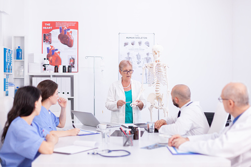 Medical doctor woman teaching anatomy using human skeleton model. Clinic expert therapist talking with colleagues about disease, medicine professional.