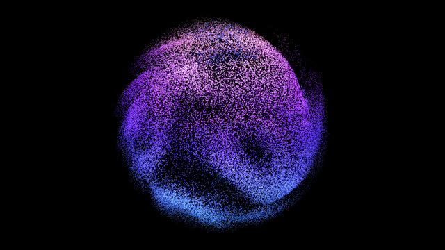 3D neon sphere made of flowing digital particles on black background. Abstract concept of artificial intelligence, neural network or big data analysis.
