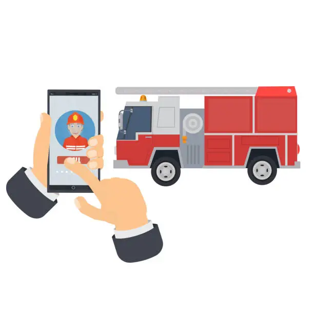Vector illustration of Calling a fire truck on a mobile phone