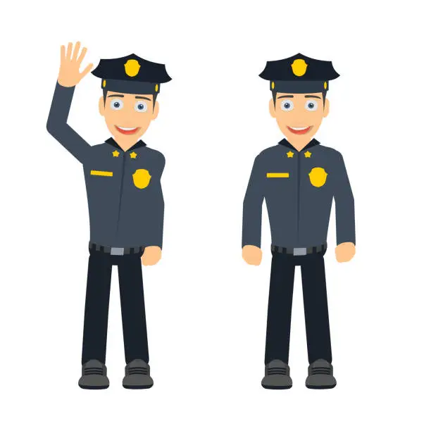 Vector illustration of Policeman. Police officer waves his hand