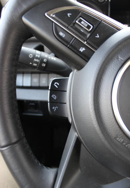 istock Phone And Voice Controls And Menu Mode Buttons On A Multifunctional Steering Wheel 1904228494