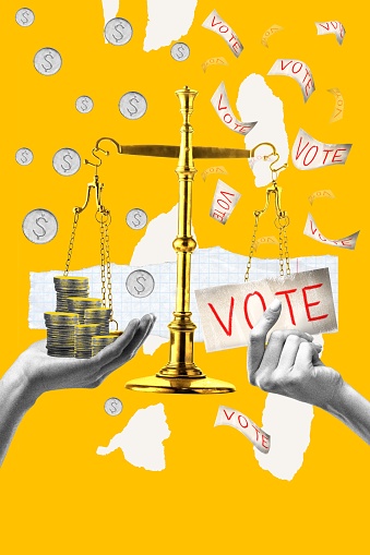 Golden scales with money on one side and vote ballot on another. Influence, propaganda. Contemporary art collage. Concept of voting day, democracy, politics, choice, freedom, opinion