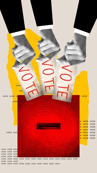 Human hand putting voting allot into voting box, making important choice for social, economics life. Contemporary art collage. Concept of voting day, democracy, politics, choice, freedom, opinion