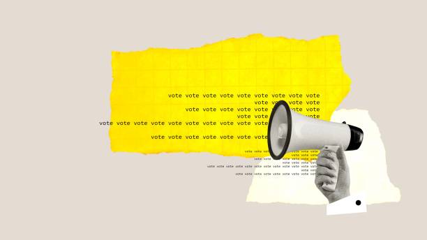 istock Time to take responsibility and vote for candidate. Human hand holding megaphone over pastel background with bright element. Contemporary art collage. 1904236503