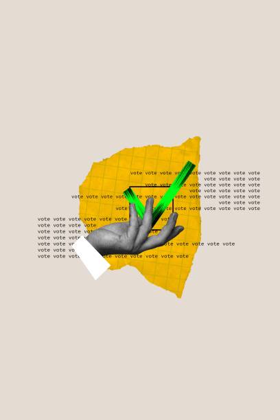 istock Human hand holding green check mark, choosing candidate on voting process. Contemporary art collage. 1904236508