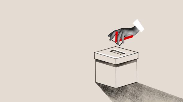 istock Human hand putting red check mark into ballot box. Contemporary art collage. 1904236509