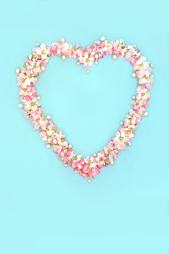 Heart shaped wreath with apple blossom flowers for Spring Beltane and Easter with oyster pearls. Abstract floral minimal design for birthday Mothers Day card, logo, gift tag or invitation on blue.