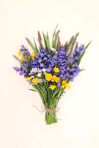 Spring bluebell, buttercup, nemesia flower bouquet with meadow grasses on hemp paper. Floral British Beltane wildflower and meadow flowers nature composition.