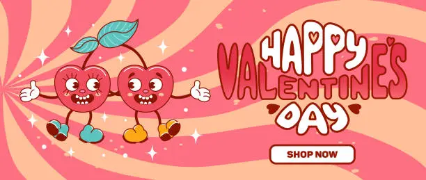 Vector illustration of Horizontal banner for Valentines Day. A couple of cherries in love dance and smile. Funny cute characters with faces. Comic elements in trendy old retro cartoon style. For advertising, poster, flyer