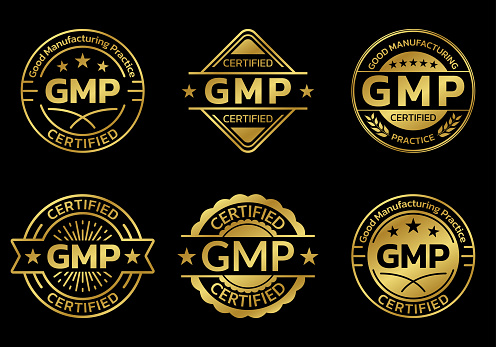 GMP certified icon or logo set. Good manufacturing practice stamp or badge. Vector illustration.