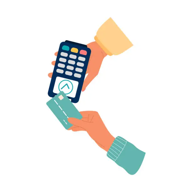 Vector illustration of Hands paying with credit or debit card. Contactless cashless Approved payment with pos terminal. vector illustration
