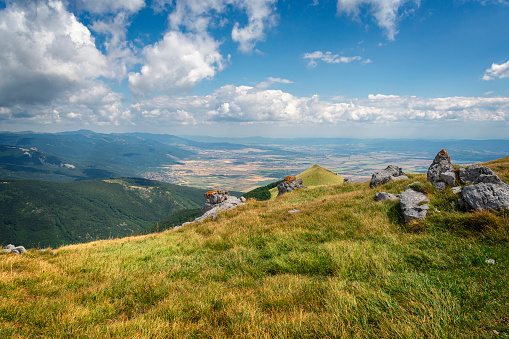 Looking from Ispolin peak in Stara Planina at Kazanlak Valley. Shipka, Sheinovo and other towns can be seen. Gabrovo province, Bulgaria, Europe.