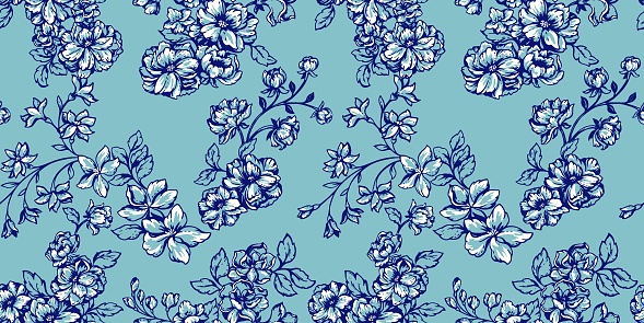 Seamless beautiful blooming in many kinds flowers pattern. Romantic, gentle, feminine, artistic branches wild floral print. Vector hand drawn. Template for design