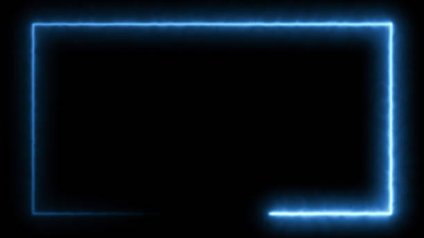 istock Abstract blue neon glowing line frame, animated moving led light screen box projection 3d rendering, empty space border presentation design background, futuristic cyberspace laser sprectrum backdrop 1904277819