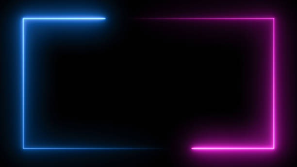 istock Abstract blue pink neon glowing line frame, animated moving led light screen box projection 3d rendering, empty space border presentation design background, futuristic laser sprectrum backdrop 1904277821