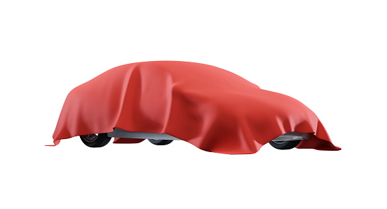 Unrevealed upcoming car cover in red silk isolated on white background, premium new electric vehicle stage exhibition 3d rendering