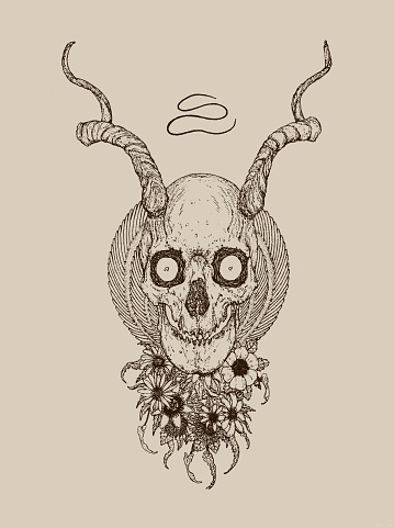 Surrealistic handdrawn skull with horns and flowers