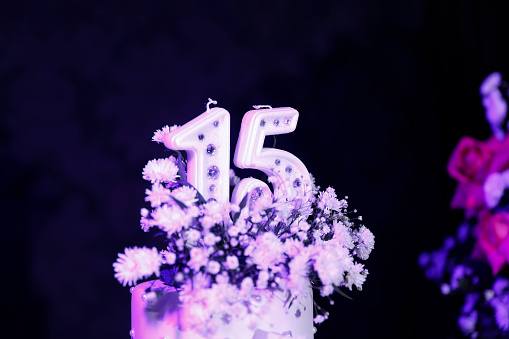 White party cake, 15th birthday, with white number fifteen, white cake, 15 year old birthday cake