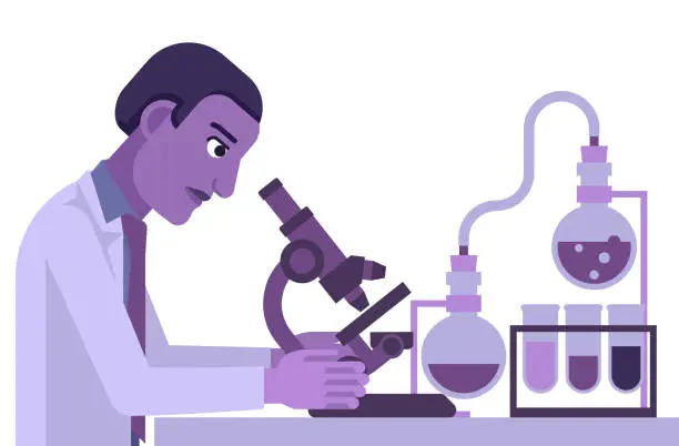 Vector illustration of Scientist At Microscope Lab Test Bench And Beakers