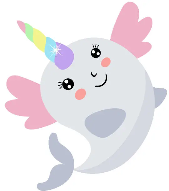 Vector illustration of Happy unicorn whale with wings