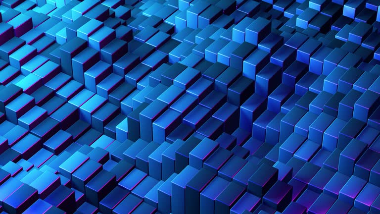 Abstract digital space featuring rising and falling blue chart bars. Concept of data science, information technology, or business data analysis.