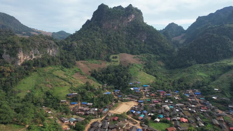 Aerial view from drone of the rural village in the mountains