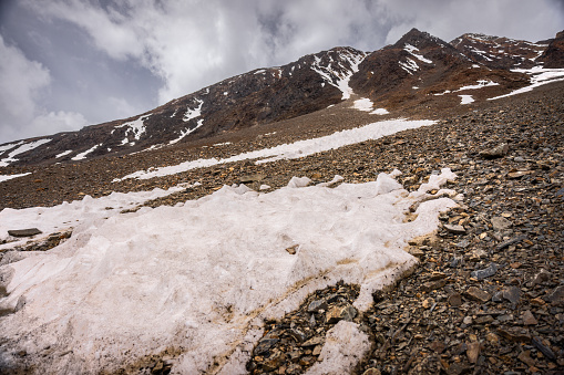 Closeup snow on mountain peaks of the greater Himalayas, en route Manali to Leh, Himachal Pradesh
