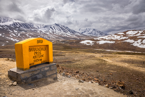 Baralacha La pass at 4850m in the greater Himalayas, en route Manali to Leh, Himachal Pradesh