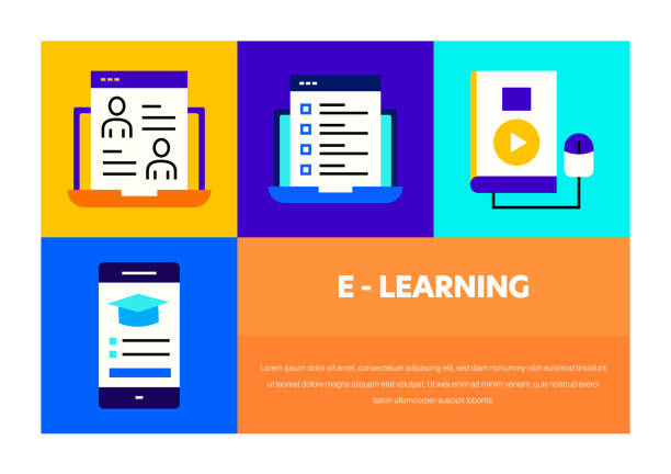 e-learning related vector banner design concept. global multi-sphere ready-to-use template. web banner, website header, magazine, mobile application etc. modern design. - computer learning brain illustration and painting stock illustrations