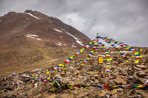 Baralacha La pass at 4850m in the greater Himalayas, en route Manali to Leh, Himachal Pradesh