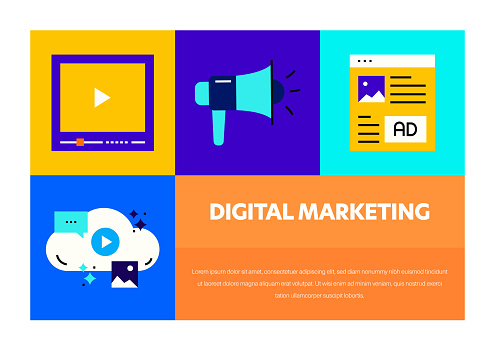 Digital Marketing Related Vector Banner Design Concept. Global Multi-Sphere Ready-to-Use Template. Web Banner, Website Header, Magazine, Mobile Application etc. Modern Design.