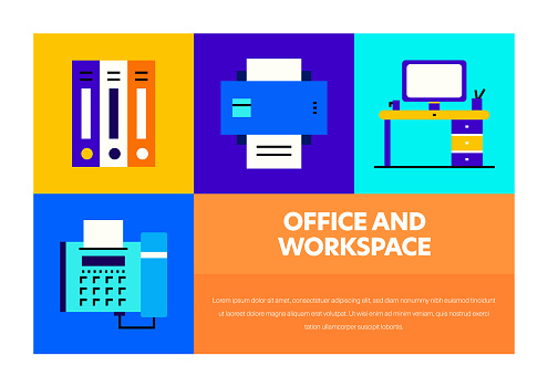 Office And Workspace Related Vector Banner Design Concept. Global Multi-Sphere Ready-to-Use Template. Web Banner, Website Header, Magazine, Mobile Application etc. Modern Design.